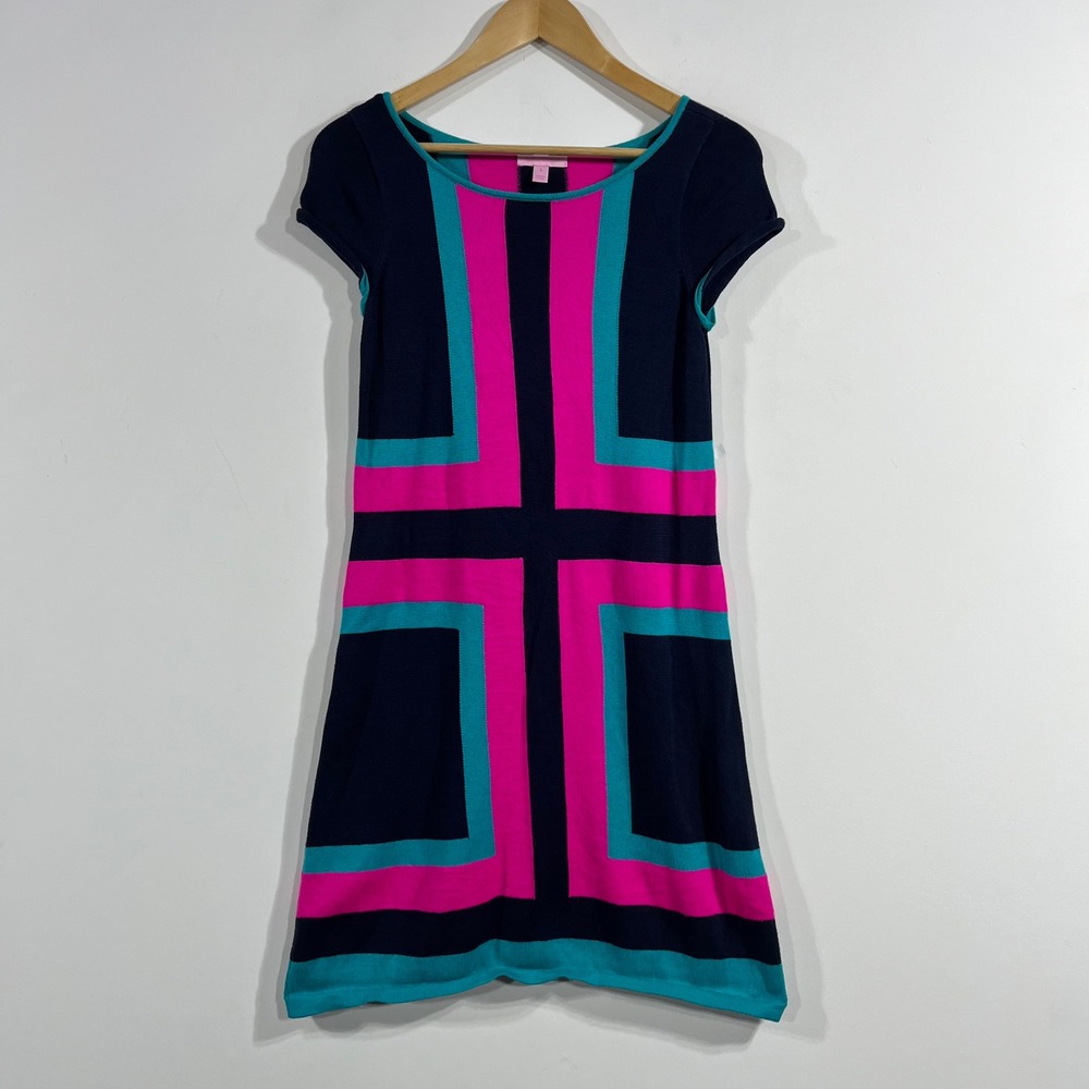 Lilly Pulitzer Retro Colorblock Knit Sweater Dress Short Sleeve Small 70s Boho